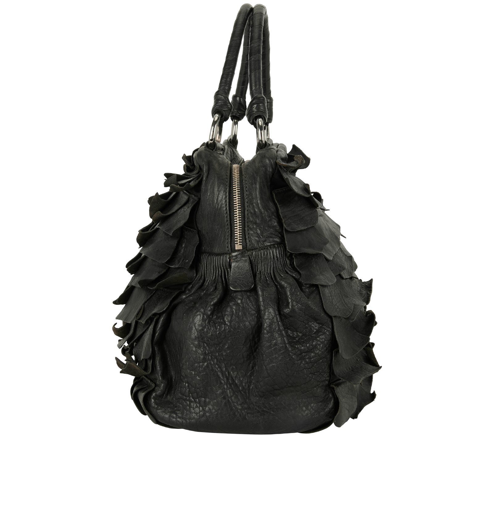Tiered Ruffle Shoulder Bag, &pound;150, Handbags, Black, Leather, Bottom view